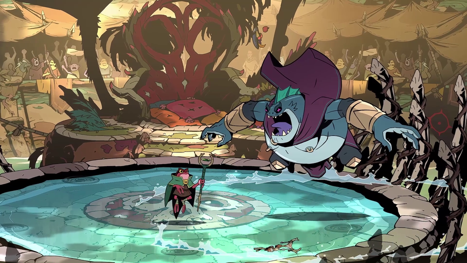 Screenshot of Brome, a humanoid frog magician, fighting a catfish-like boss.