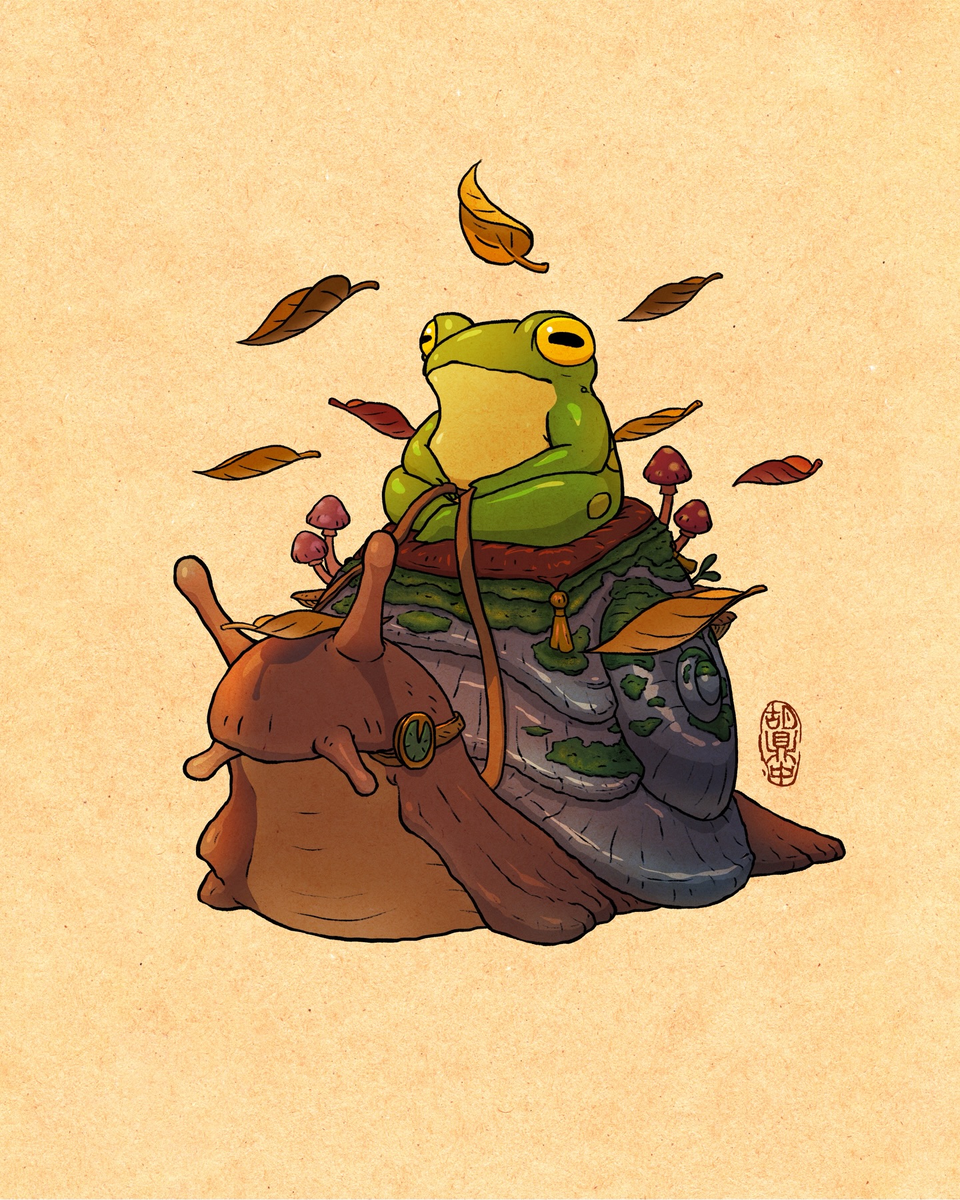 Illustration of a frog sitting in a zen-like position on top of a snail. The snail looks like a ride, with bridle. There are mosses and mushrooms grown on top of the snail's shell. Brown falling leaves are in the background.